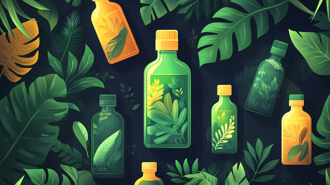 Bottles of Green Nature: Vibrant green bottles filled with refreshing concoctions are artfully displayed amidst lush, tropical foliage. The scene exudes health and vitality.