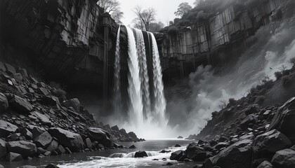 Fototapeta premium Majestic waterfall cascading down rocky canyon walls.