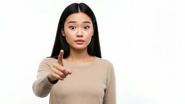 Surprised young woman pointing directly at the camera with wide eyes, wearing a beige sweater and standing against a clean white background &mdash; concept of attention or accusation

