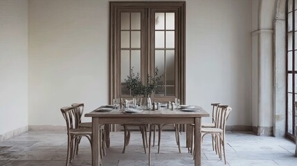 Elegant, rustic dining room interior scene with a wooden table.