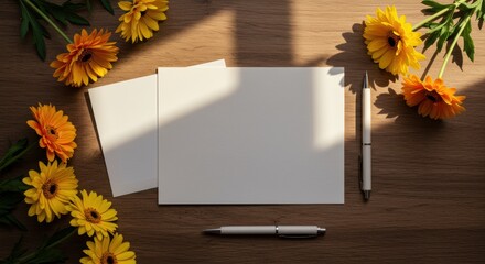 Blank Card with Flowers and Pen