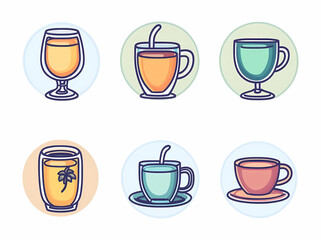 Tea and Coffee Cup Icons: A set of six delightful and diverse tea and coffee cup icons, perfect for adding a touch of warmth and style to your design projects.