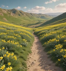 Daffodils carpet rolling hills, gentle breeze, pastel hues, outdoor, beauty, flowers
