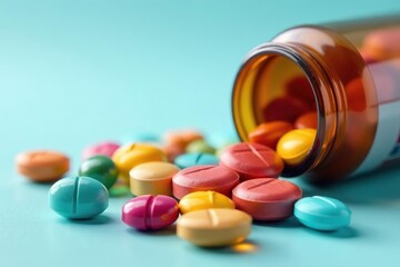 Assorted colorful vitamin pills in a bottle, close-up shot , vitamins, minerals