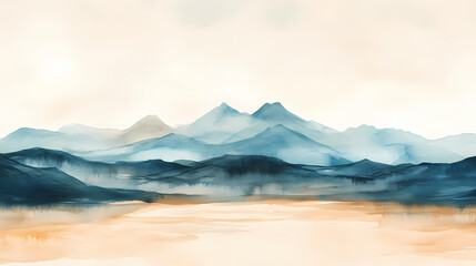 Serene Mountainscape: A tranquil watercolor painting presents a misty mountain range, evoking a sense of calm, with soft hues and a dreamlike quality.