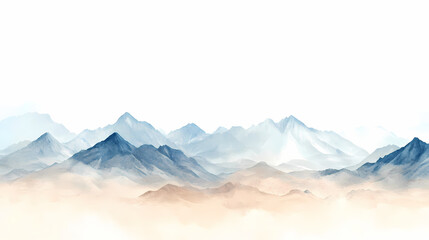 Fototapeta premium Majestic Mountain Vista: A serene panorama unfolds, showcasing a layered landscape of misty mountain peaks under a vast sky, inviting a sense of peace and wonder.