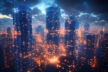 Obraz premium Futuristic cityscape with tall skyscrapers outlined by glowing orange digital lights under a dramatic cloudy evening sky