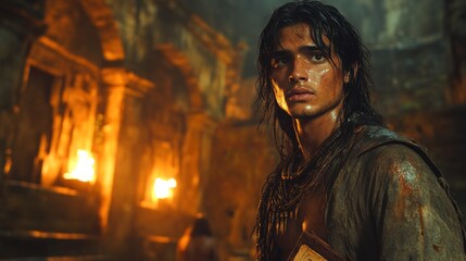 Lost warrior in ancient ruins