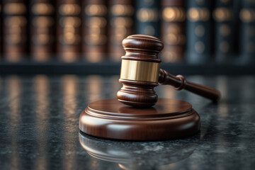 A wooden judge's gavel with a brass band resting on its round base. It sits on a dark reflective surface with law books blurred in the background.