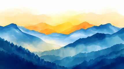 Fototapeta premium Panoramic Mountain Vista: An evocative watercolor painting captures the majesty of rolling mountain ranges in soft, diffused hues, inviting contemplation.