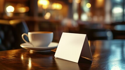 Blank Stand-Up Card on Wooden Table Next to Cup of Coffee in Cozy Café