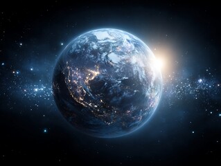 Naklejka premium Earth at Night from Space with Sunlight and Galaxy