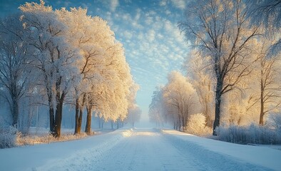 Obraz premium Snow-covered road lined with frost-covered trees glowing in soft sunlight under a partly cloudy blue sky during winter