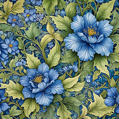 Blue flowers with leafy green background. A serene botanical pattern