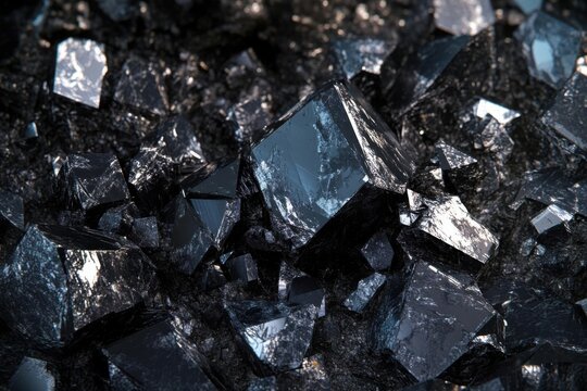 Close Up look at Dark Crystals with Angular Shape, Glimmering Facets & Shadows