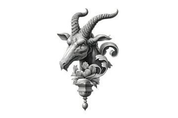 PNG Intricate monochrome goat sculpture with floral base on black background