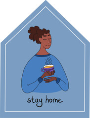 Keep calm and stay home. Pandemic of coronavirus and social distancing, self quarantine concept.Adults staying home in self isolation to reduce risk of spreading the corona.