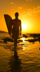 SILHOUETTE, LENS FLARE: Woman in a bikini holds a surfboard as she walks toward camera through shimmering shallow water in golden light. Surfer is heading back to beach after sunset surf session.