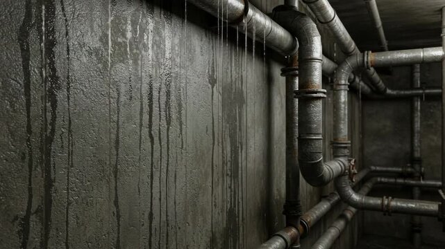 Industrial pipes on wet concrete wall in dimly lit environment  
