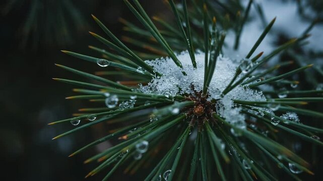 Pine tree branches with snow and water droplets in winter setting  