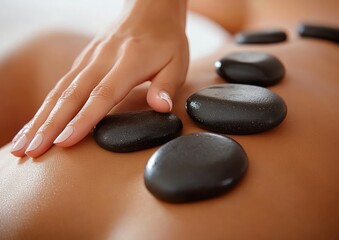 Relaxing hot stone massage therapy on bare back with female hand gently touching smooth black stones for calming and stress relief