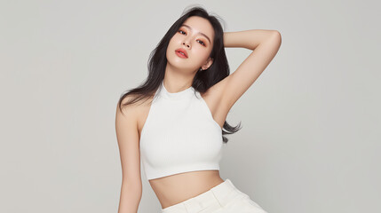 Fototapeta premium Stylish young woman in white sleeveless top posing confidently, modern fashion and beauty portrait concept