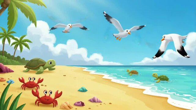 Cartoon beach scene with turtles, crabs, and seagulls under a blue sky  
