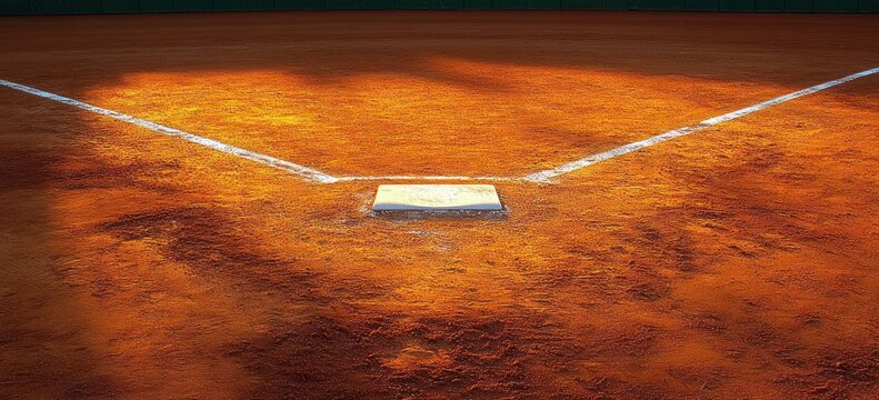 Close-up of a sunlit baseball home plate with white chalk lines on a reddish dirt field indicating batter’s box