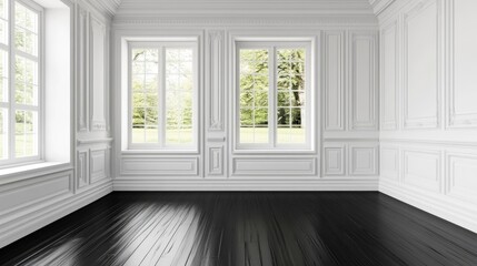 Fototapeta premium Elegant empty room with classic white molding and dark wood flooring.