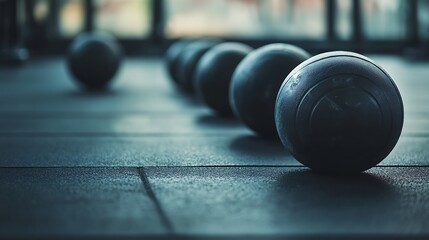 Dark Fitness: A Row of Medicine Balls in a Gym