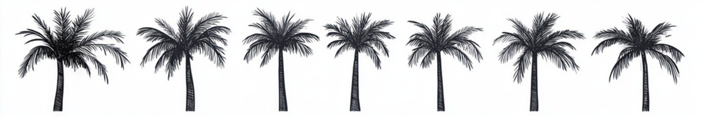 Seven black silhouette palm trees evenly spaced on a white background with detailed leaf and trunk textures