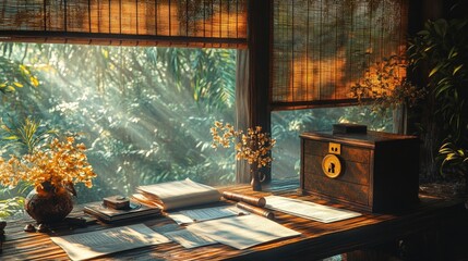 Tranquil, sunlit study with view of lush forest. Wooden desk, papers, inkwell, and decorative items