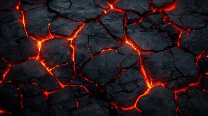 Close-up of dark cracked earth with glowing hot lava visible through the fissures creating a dramatic fiery texture