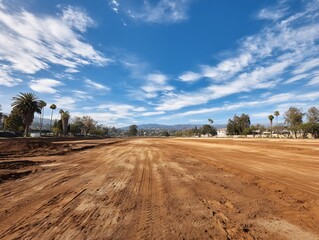 Graded Earth Field with Palm Trees and Distant Mountains