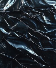 Obraz premium Close-up of shiny black crumpled plastic with reflective highlights and textured folds creating abstract pattern