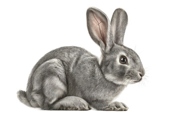 Fototapeta premium PNG Grey rabbit with large ears sitting profile on black background