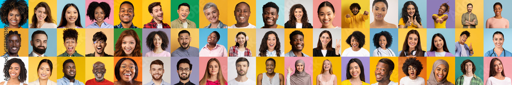 Poster A vibrant collection of diverse individuals smiling and expressing happiness. Each portrait captures unique features and styles against colorful backgrounds, celebrating diversity and unity.