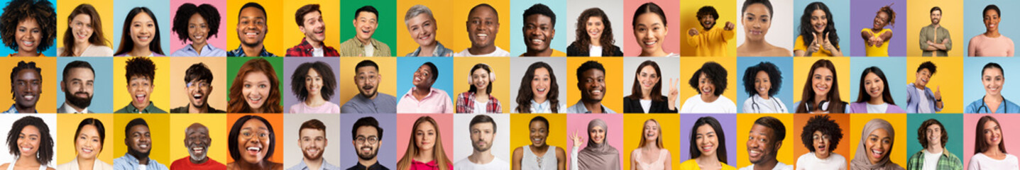 A vibrant collection of diverse individuals smiling and expressing happiness. Each portrait captures unique features and styles against colorful backgrounds, celebrating diversity and unity.