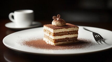 A slice of tiramisu dessert served with a cup of coffee
