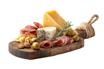 PNG Rustic cheese platter with varied cheeses, cured meats, olives, and nuts on wooden board
