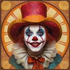 Close-up portrait of a smiling person with detailed clown makeup wearing a large red and orange hat and a ruffled collar with a tie, warm colorful circular background