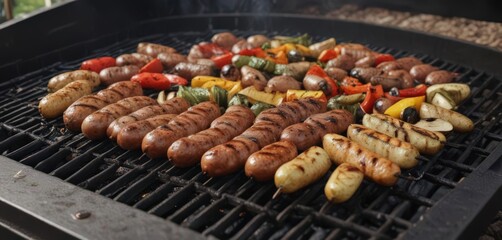 Grilled vegetables and sausages on a hot black grill , summer food, healthy