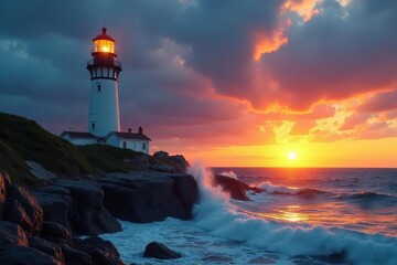 Majestic lighthouse standing tall against a dramatic ocean sunset Waves crash against the rocks below , sunset, dramatic, horizon