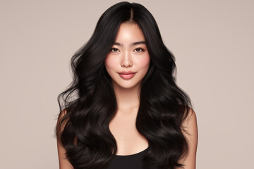 Naklejka premium Beautiful young woman with long wavy black hair smiling confidently, healthy shiny hairstyle beauty concept