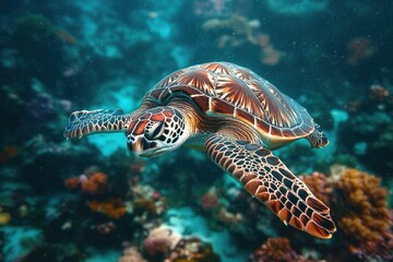 Fototapeta premium Close-up of a sea turtle gracefully swimming underwater surrounded by coral reef in clear blue ocean