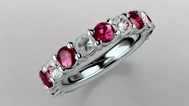 Elegant silver ring featuring alternating rubies and diamonds on a clean backdrop
