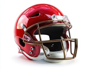 Fototapeta premium Shiny red American football helmet with gold faceguard and white chinstrap on a white background