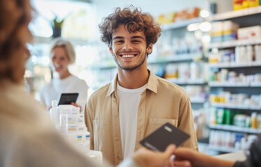 Young Man in Beige Shirt Smiling with Credit Card