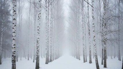 Snowy birch tree pathway in foggy winter landscape - Powered by Adobe