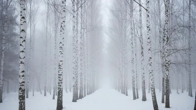 Snowy birch tree pathway in foggy winter landscape  